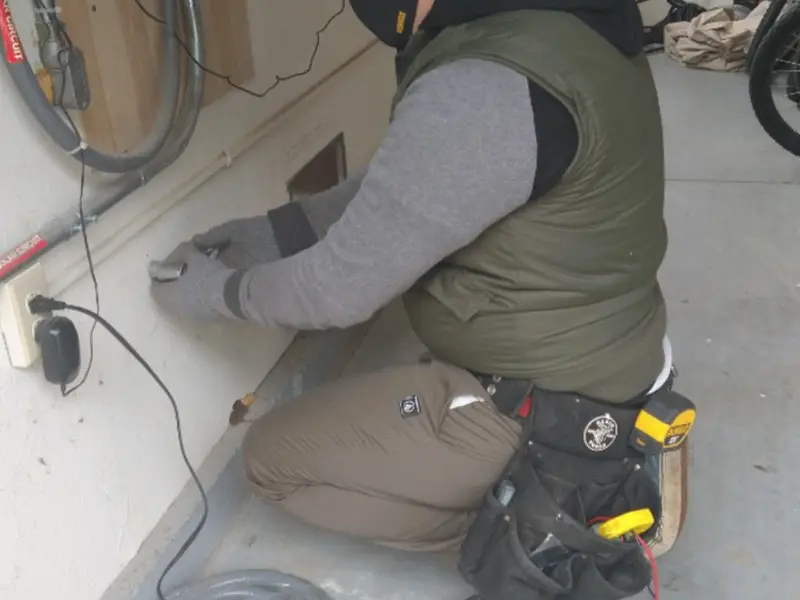 Electrician performing outlet wiring in a East Allen garage